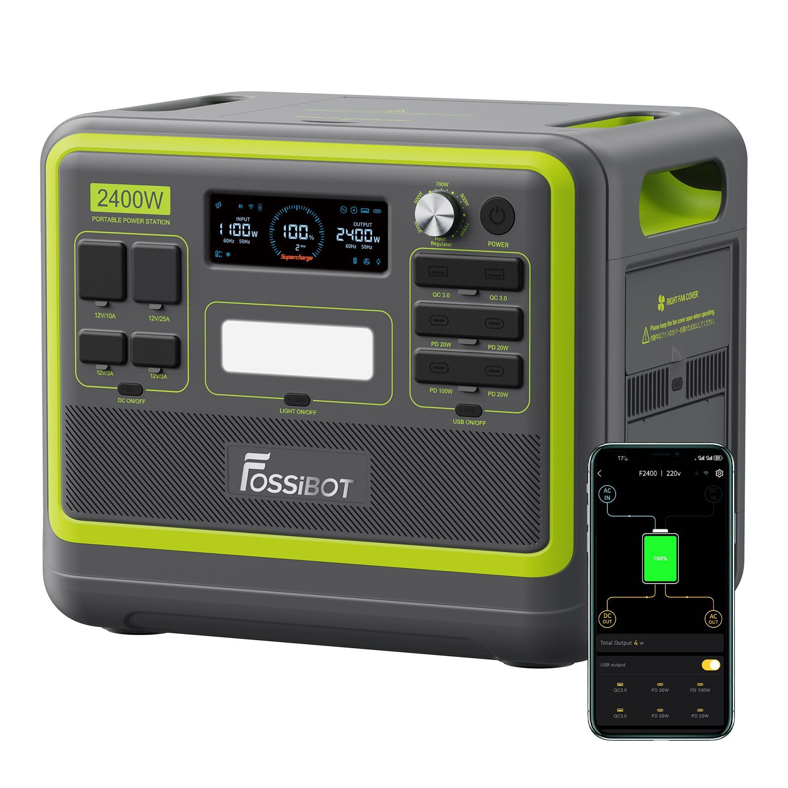 FOSSiBOT Tragbare Power Station F2400: 2048Wh LiFePO4 solargenerator with 3 x 230V AC Output 2400W (4800W Peak), 1.5H full charge, Applicable to RV/Camping/Home