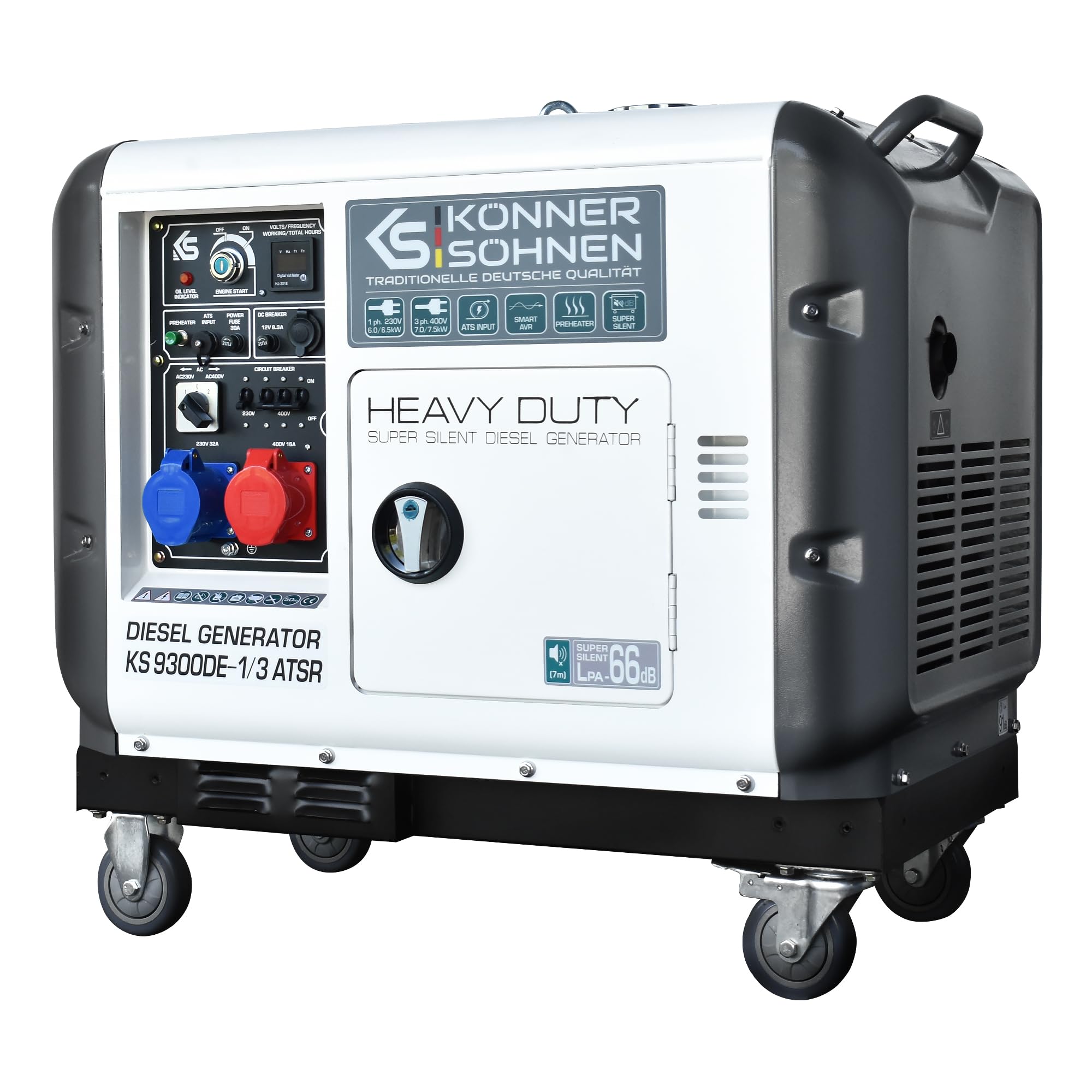 KS 9300DE-1/3 ATSR, diesel emergency generator 7500 W (400 V) / 6500 W (230 V), VTS phase switching system, diesel power generator EURO 5, LED display, air preheater, ATS connection